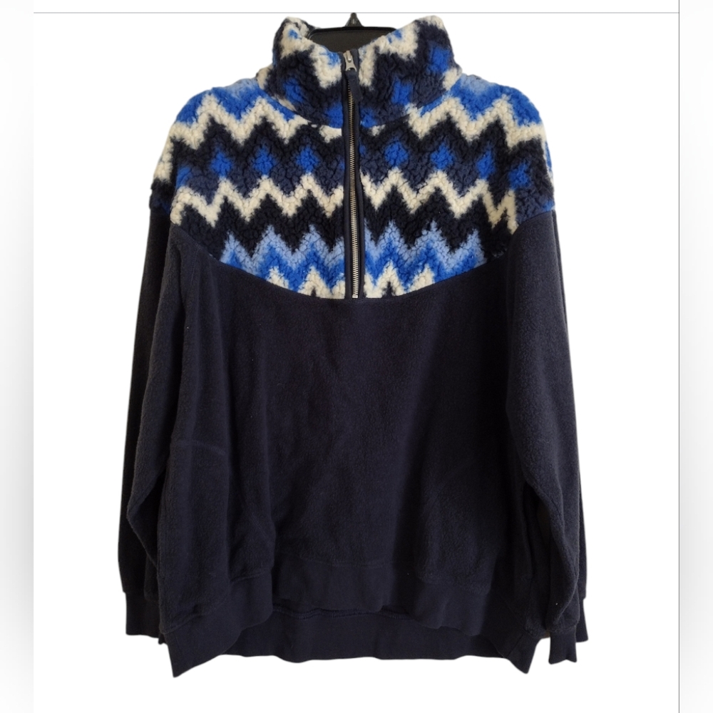 Aerie Hometown Holiday blue white multicolor fleece quarter zip size medium